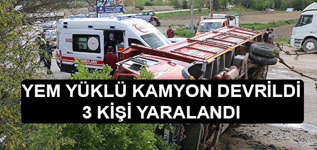 YEM YÜKLÜ KAMYON DEVRİLDİ 3 KİŞİ YARALANDI 
